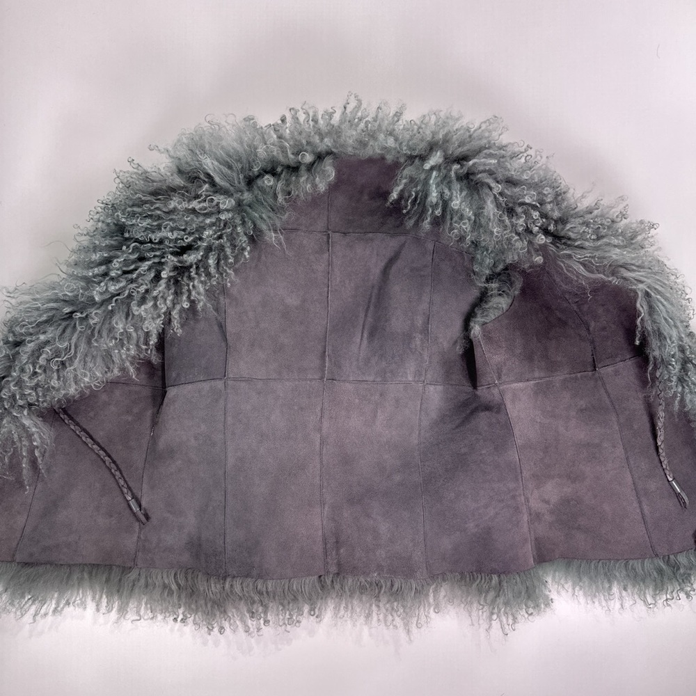 Curly Mongolian Lamb Fur Suede Tie Front Vest Blue Gray M - Picture 6 of 11